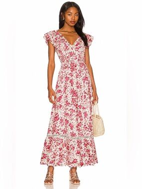 [NWT] SKIES ARE BLUE Pink Floral Maxi Dress with flutter sleeves. Size Small